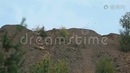 在晴朗的天气里，鸟儿正飞过群山。 无人视野。视频