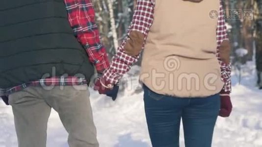 女孩和一个年轻的男人牵着手走，走在冬天的公园里，在一个阳光明媚的日子里，从后面看到了风景。视频