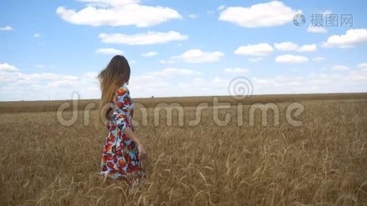 站在田野里的一位穿着长裙的美女转过头看着镜头视频
