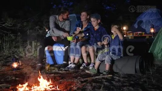 有孩子的父母把zephyr放在林地篝火附近的扦子上，家人交流并放棉花糖视频