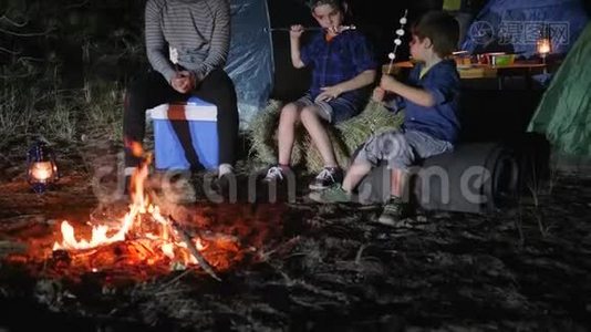 爸爸和儿子们在篝火旁对着夜林说话，爸爸给孩子们讲故事，带帐篷旅行，视频