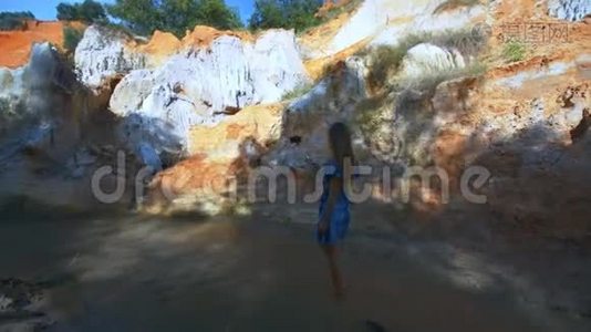 女孩让Self站在小溪和峡谷之间视频