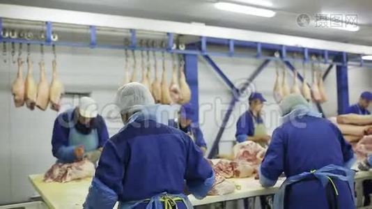 肉类加工厂的工人准备新鲜肉类运往商店并生产香肠视频