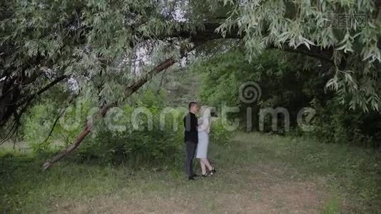 两个情人在阳光明媚的天气里坐在树下互相看着对方，微笑着。视频