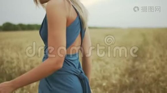 从金色麦田里走过的一件蓝色裙子中，看到一位迷人的金发年轻女子的特写镜头。 自由概念视频