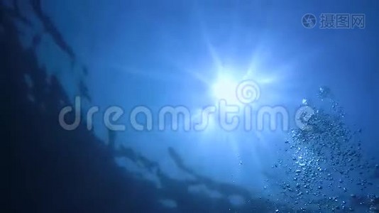 水下海洋景观光线通过地表水和气泡照射视频