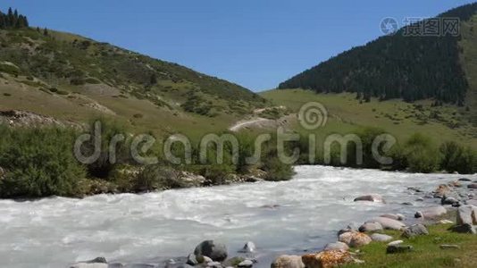 背景、青山和森林的河谷河水视频