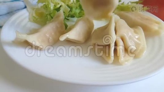 饺子美味的盘子落下，慢镜头拍摄视频