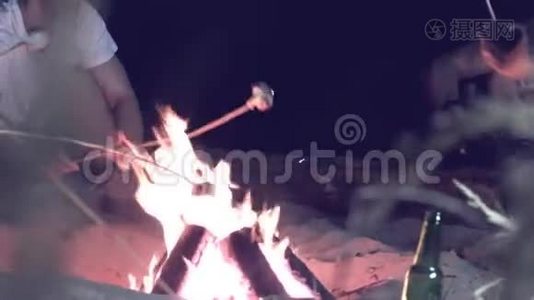 朋友们晚上在海滩上篝火旁烤棉花糖。视频