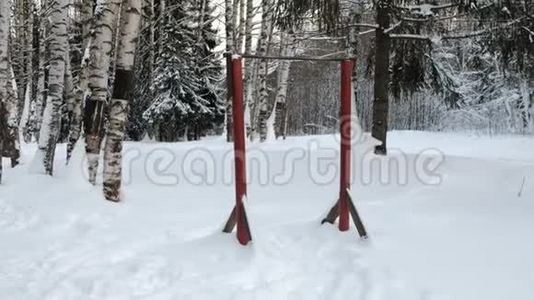冬季公园体育活动水平杆..视频