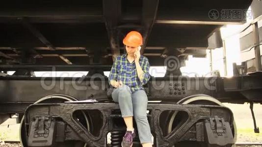 一名女铁路工人坐在一辆货车的运行齿轮的框架上。视频