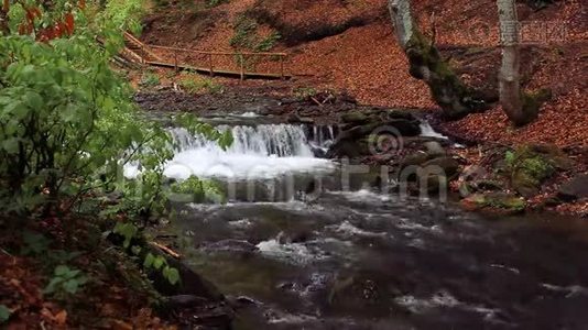 公园里的小瀑布。 多山公园里有瀑布的河流视频