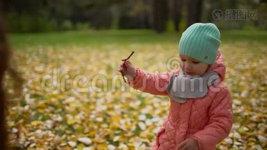 秋天公园里美丽快乐的小女孩的肖像。 在秋天的公园里玩，妈妈和女孩扔树叶视频