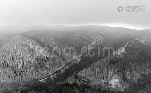 雪落在山上，冬天在森林上空飞翔视频