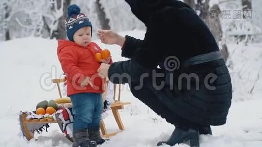 带雪橇的小男孩视频