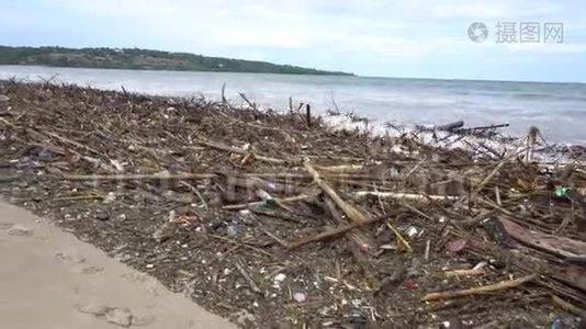 污染概念。 海滩被塑料垃圾和树枝污染视频