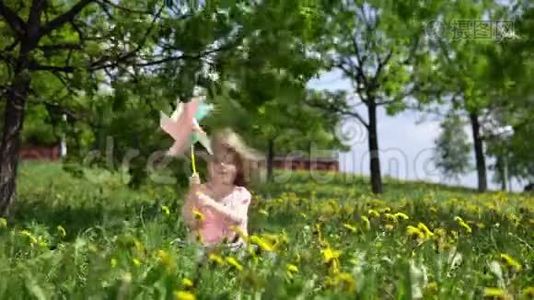 春天阳光明媚的日子里，小可爱的女孩在玩蒲公英。视频