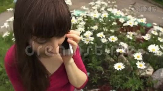 一位年轻的黑发女人正在公园的雏菊旁打电话视频