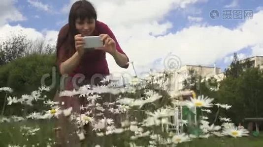 一位年轻女子正在室外用手机拍摄一张洋甘菊的照片。视频
