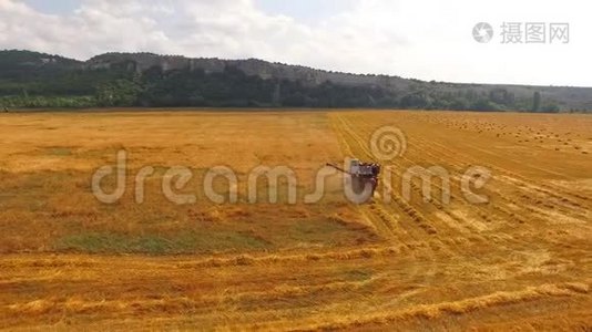 联合收割机收获小麦，在远处的群山和一捆干草中视频