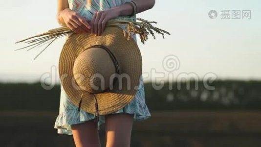 戴太阳镜的女孩站在日落时的田野里，拿着金色的麦穗和草帽。 乡村户外场景视频