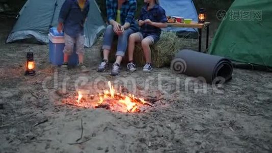 在营地旅行，母亲、父亲和儿子在森林里休息，母亲、孩子和爸爸在贝尔菲旁边，全家晚上野餐视频