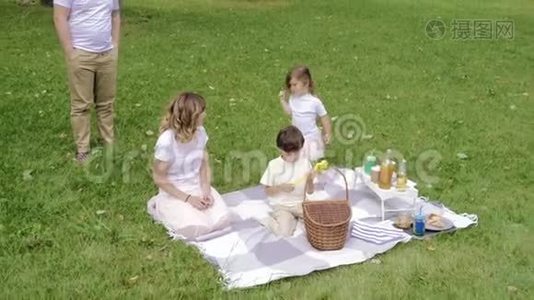 野餐时孩子们在草地上休息的幸福家庭。 家庭生活中的幸福与和谐..视频