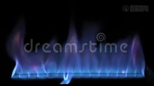 在煤气炉灶灶里，明亮舒适，令人满意的4k近景，蓝色的五颜六色的火焰，慢慢燃烧视频