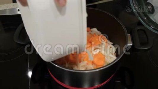男性手拿塑料容器，将切碎的蔬菜放入锅中，放在现代电饭锅上视频