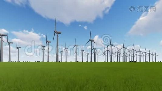 绿色田野和绵羊的风力涡轮机视频