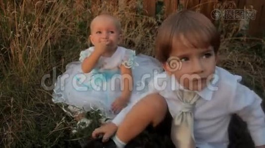 一个小女孩坐在高高的草地上，穿着白色的裙子，吃着杏子。 一个小男孩坐在她旁边放着纸视频