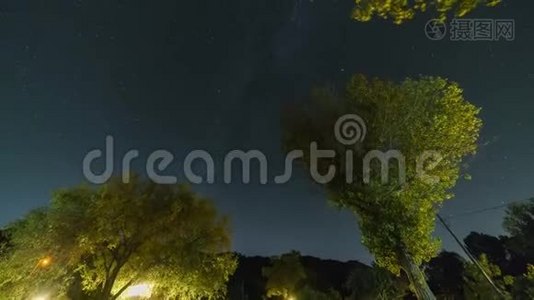 树木、银河系和恒星的夜间运动时间推移视频