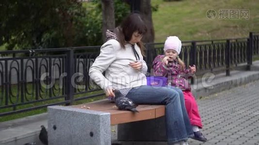 母亲和女儿在寒冷阴天吃三明治，喂鸽子。视频