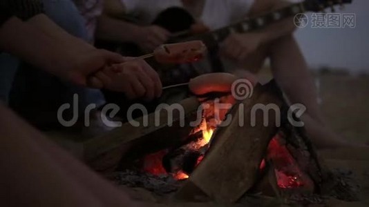 海滩大火中烤香肠的特写镜头。 一群年轻快乐的人坐在海边的火炉旁视频