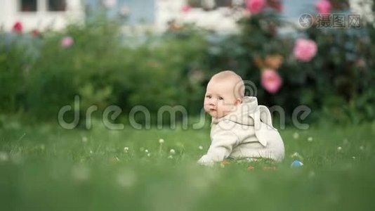 可爱的幼儿宝宝白天在公园草地上玩耍视频