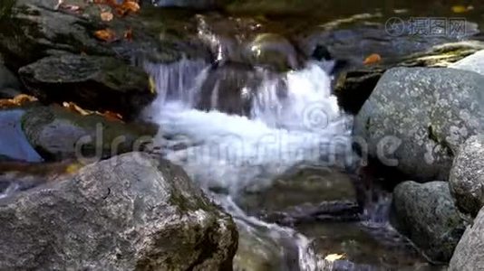 水流过溪流的岩石视频