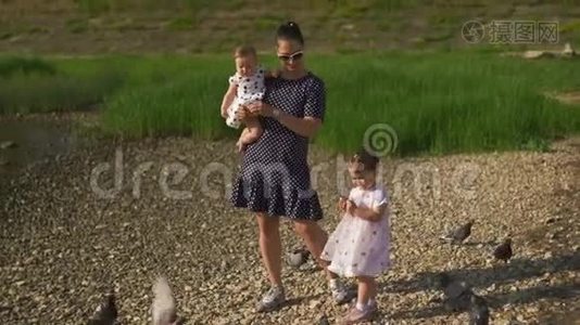 年轻的母亲带着她的小女儿在河边喂天鹅和小鸭子，小鸟在河边吃面包，穿着点缀的裙子视频