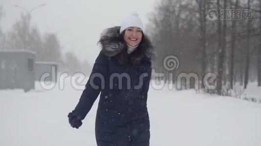 在露天漫步。 冬天公园的年轻女子视频