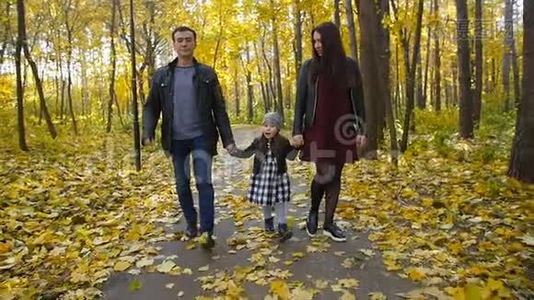 一家人和一个小女儿在秋天公园散步视频