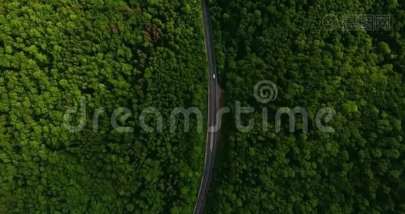 空中景色随着汽车的移动飞越公路，那穿过车道的绿色森林。 汽车沿林路行驶.. 汽车轮胎视频