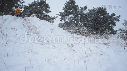孩子骑着雪山在冬天的公园，女孩笑，一个美丽的冬天景观。视频