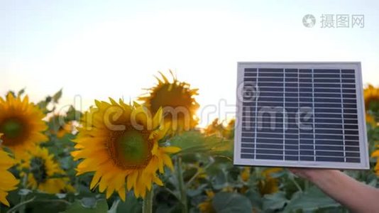 能量产生技术，太阳能电池在场旁缓慢运动，手保持太阳能电池板背景蓝色视频
