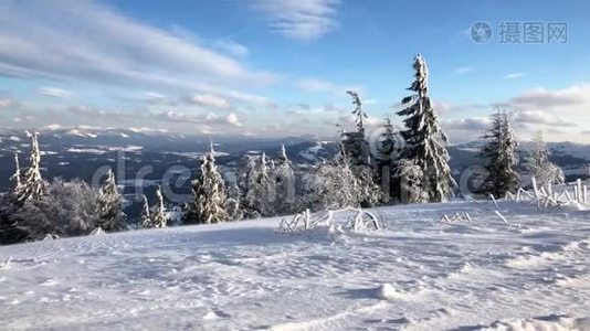 喀尔巴阡山脉覆盖着雪和大风。 晴朗的霜冻天气视频