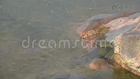 芬兰海湾的水域冲刷海岸岩石。 芬兰汉口视频