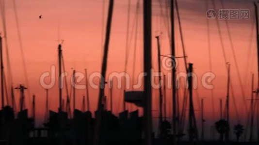 傍晚景观船停在天空日落背景上.. 停泊的游艇视频