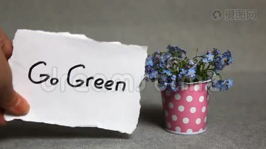 绿色的概念，灰色背景与蓝色的花视频