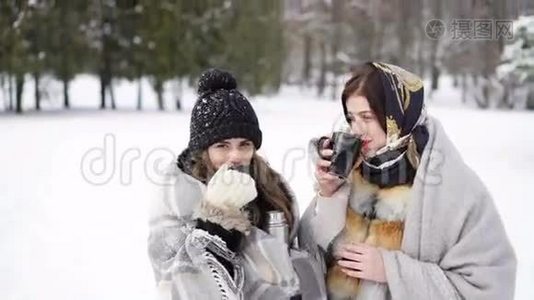 两个女孩被温暖的格子布覆盖，在冬季公园喝热茶视频