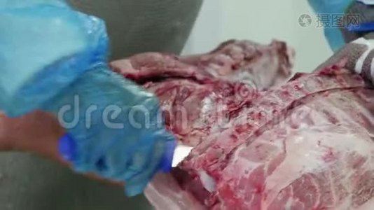 在肉类加工厂割肉的屠夫视频