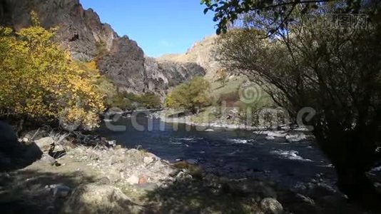 秋天，这条河在山上的这个美丽的地方流过岩石视频