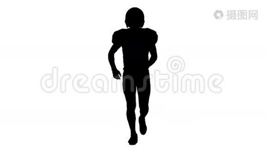 运动员穿着防护服和靴子跑步。 正面视图，剪影，白色背景视频